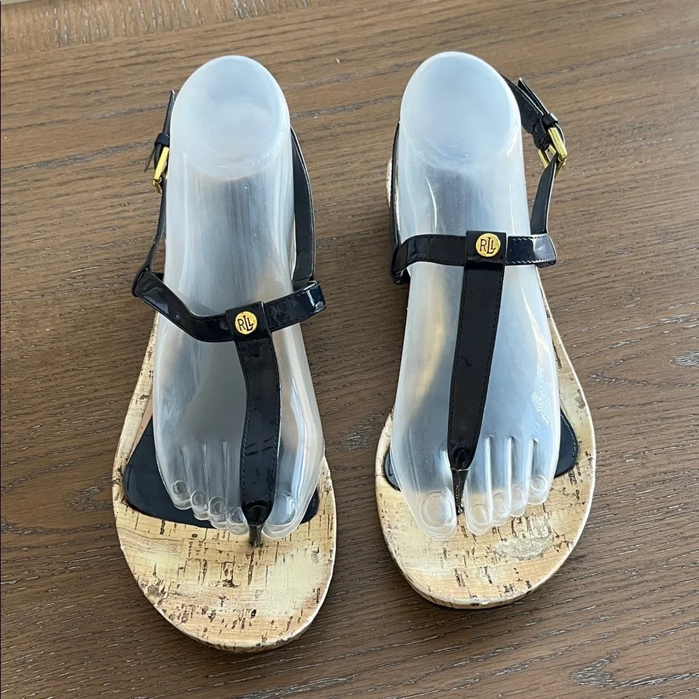 Ralph Lauren Kya‎ Blue and Tan T-Strap Sandals